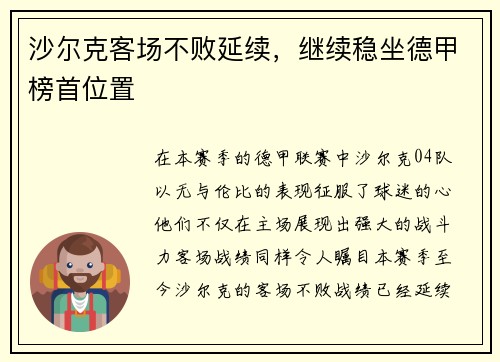 沙尔克客场不败延续，继续稳坐德甲榜首位置