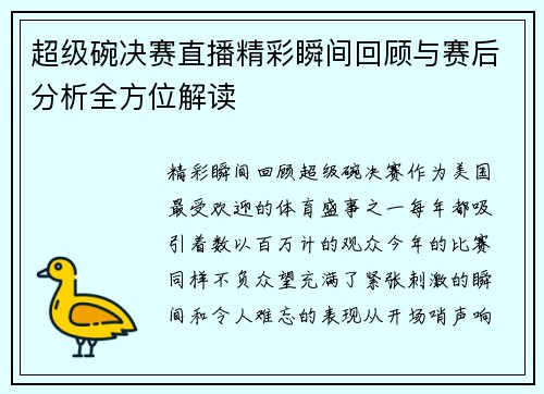 超级碗决赛直播精彩瞬间回顾与赛后分析全方位解读