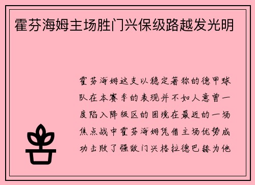 霍芬海姆主场胜门兴保级路越发光明